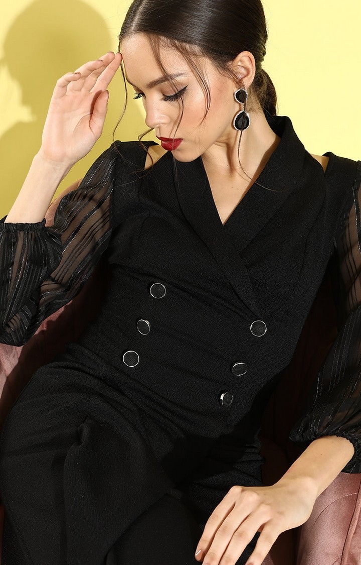 Women's Black Polyester SolidEveningwear Shift Dress