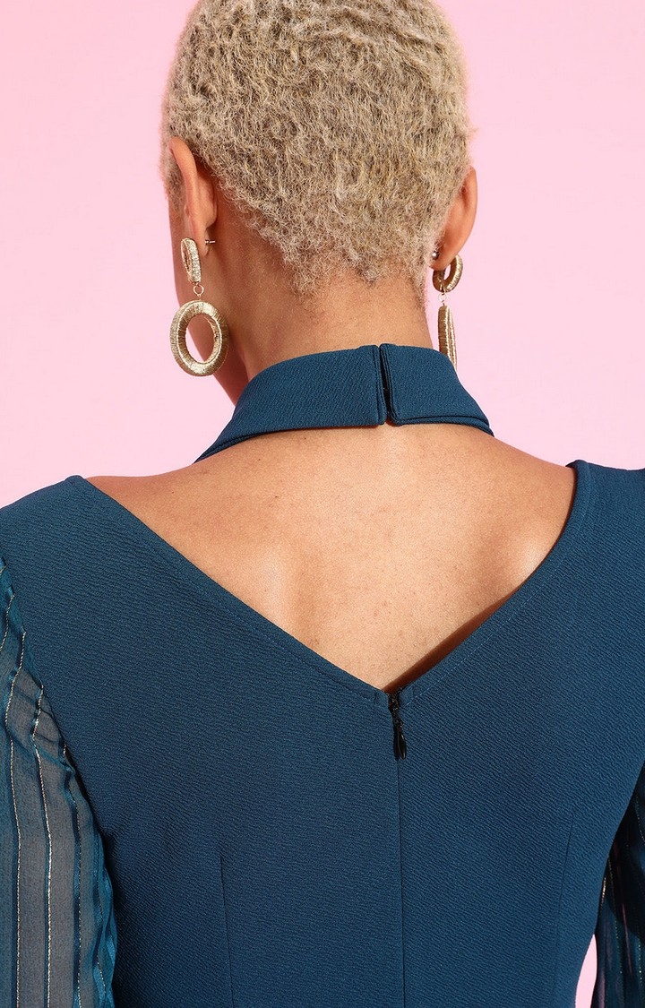 Women's Blue Polyester SolidEveningwear Shift Dress