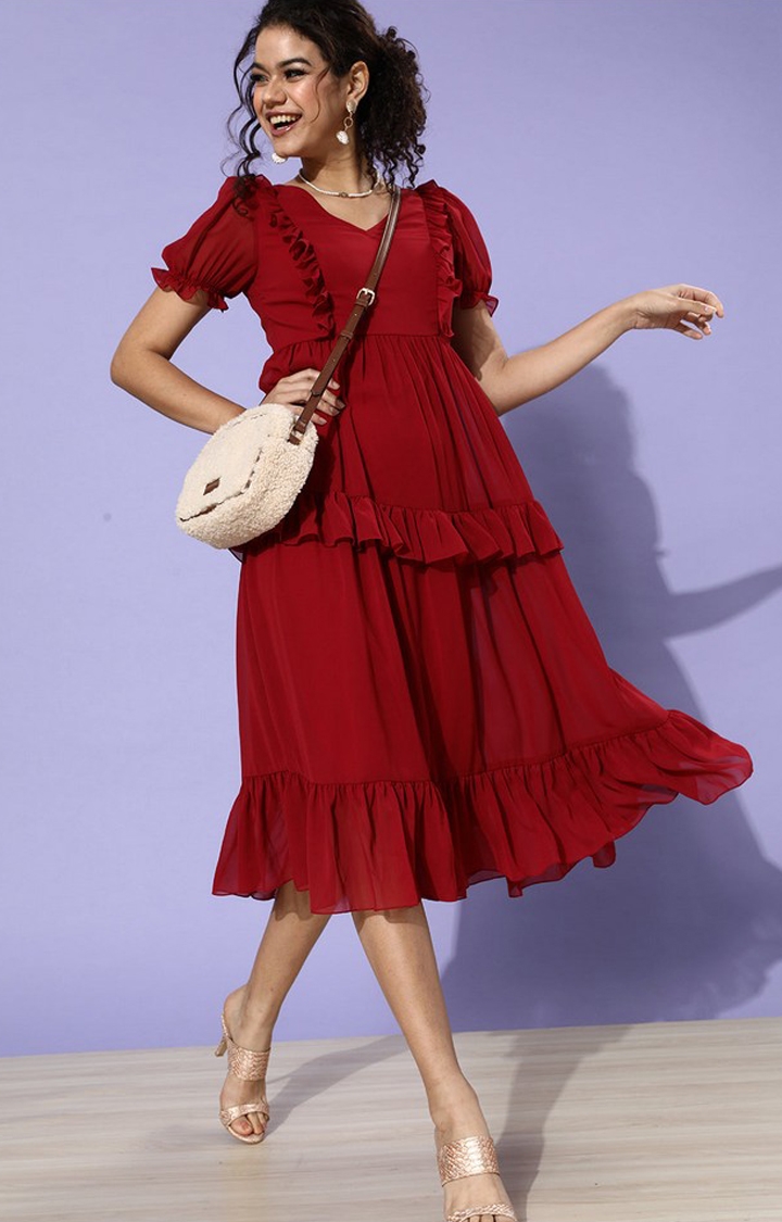 MISS CHASE | Women's Red Georgette  Dresses