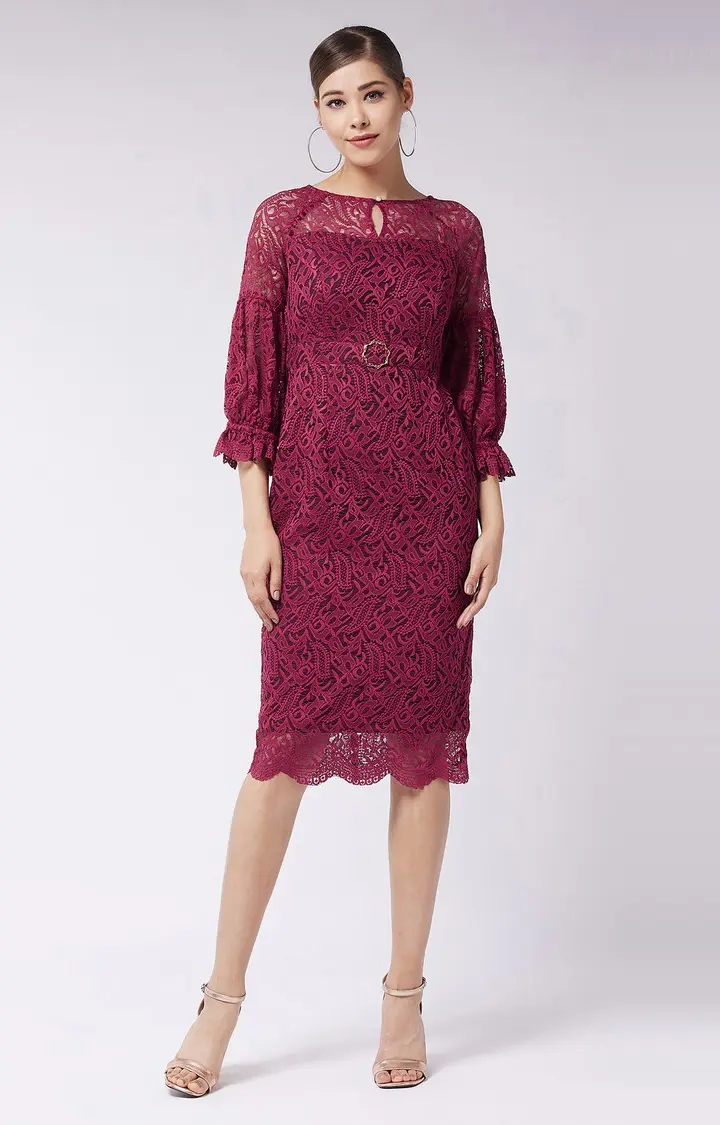 MISS CHASE | Women's Red Net FloralEveningwear Sheath Dress
