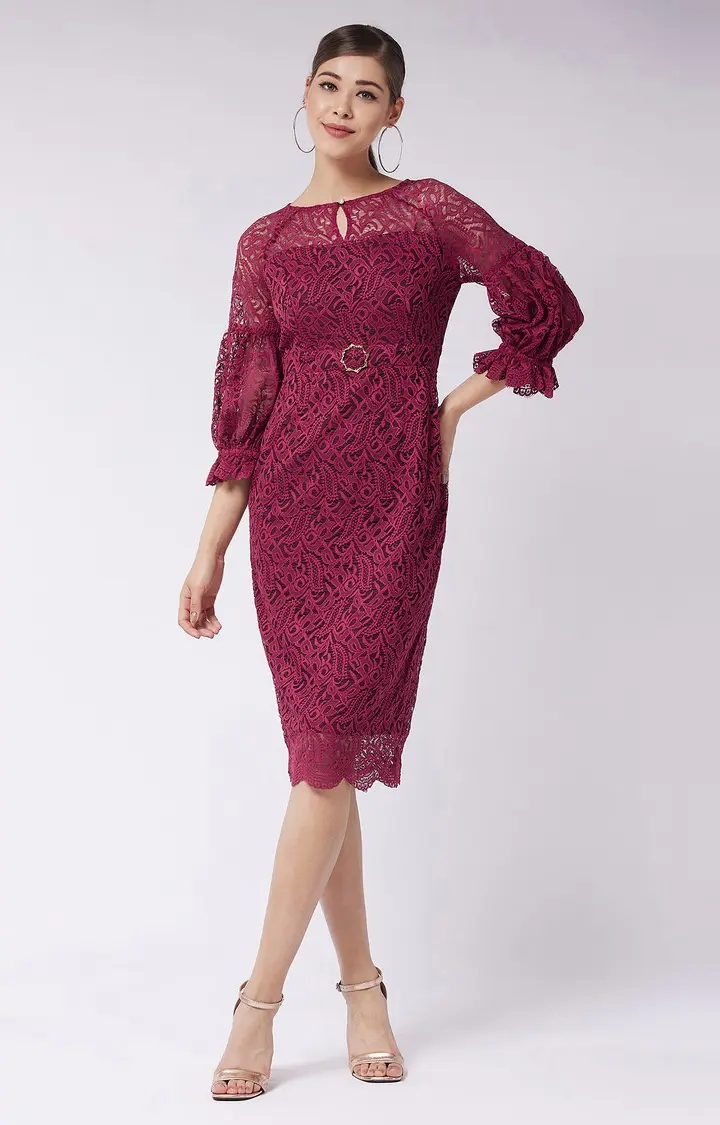 Women's Red Net FloralEveningwear Sheath Dress