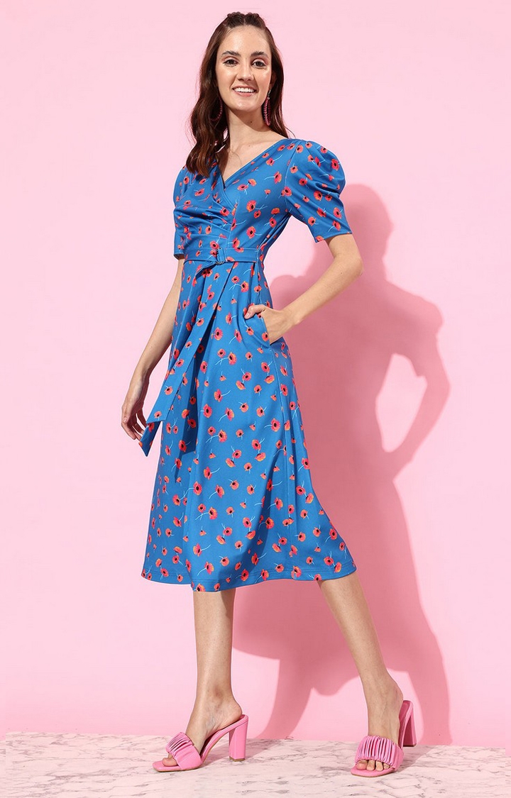 Women's Blue Polyester Casualwear Fit & Flare Dress