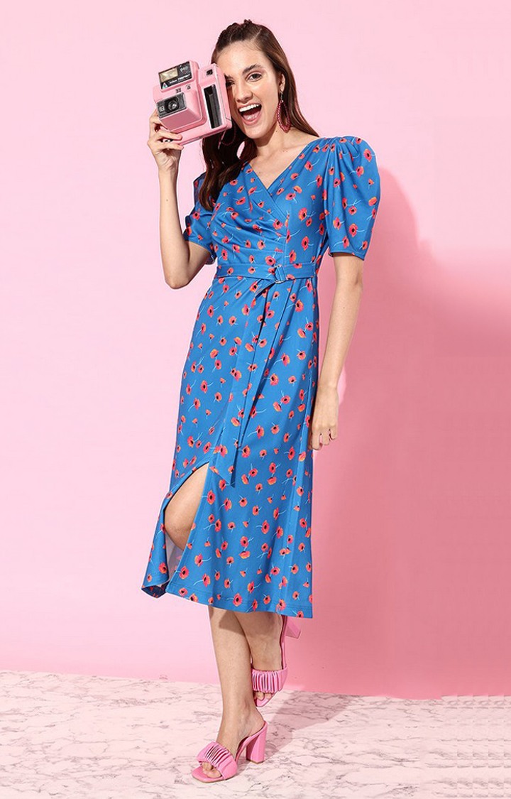 Women's Blue Polyester Casualwear Fit & Flare Dress