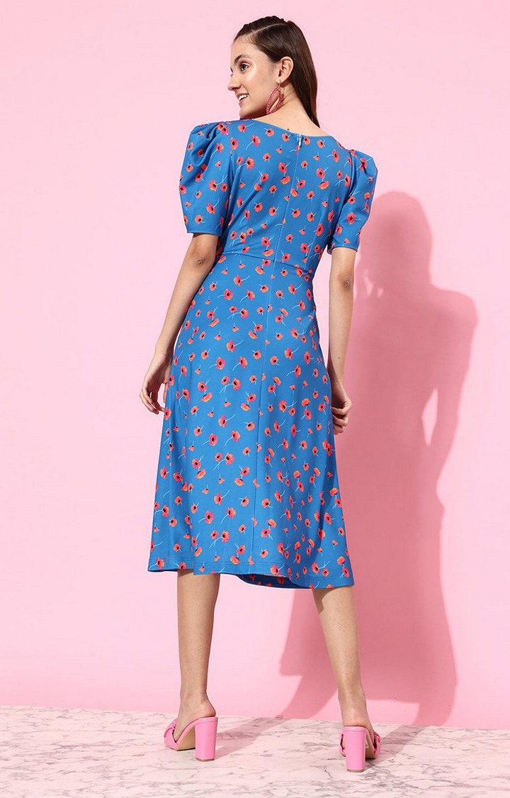 Women's Blue Polyester Casualwear Fit & Flare Dress