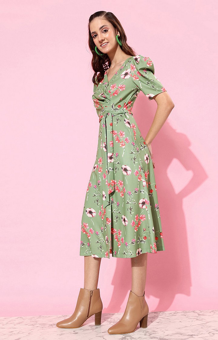 MISS CHASE | Women's Green Polyester Casualwear Fit & Flare Dress