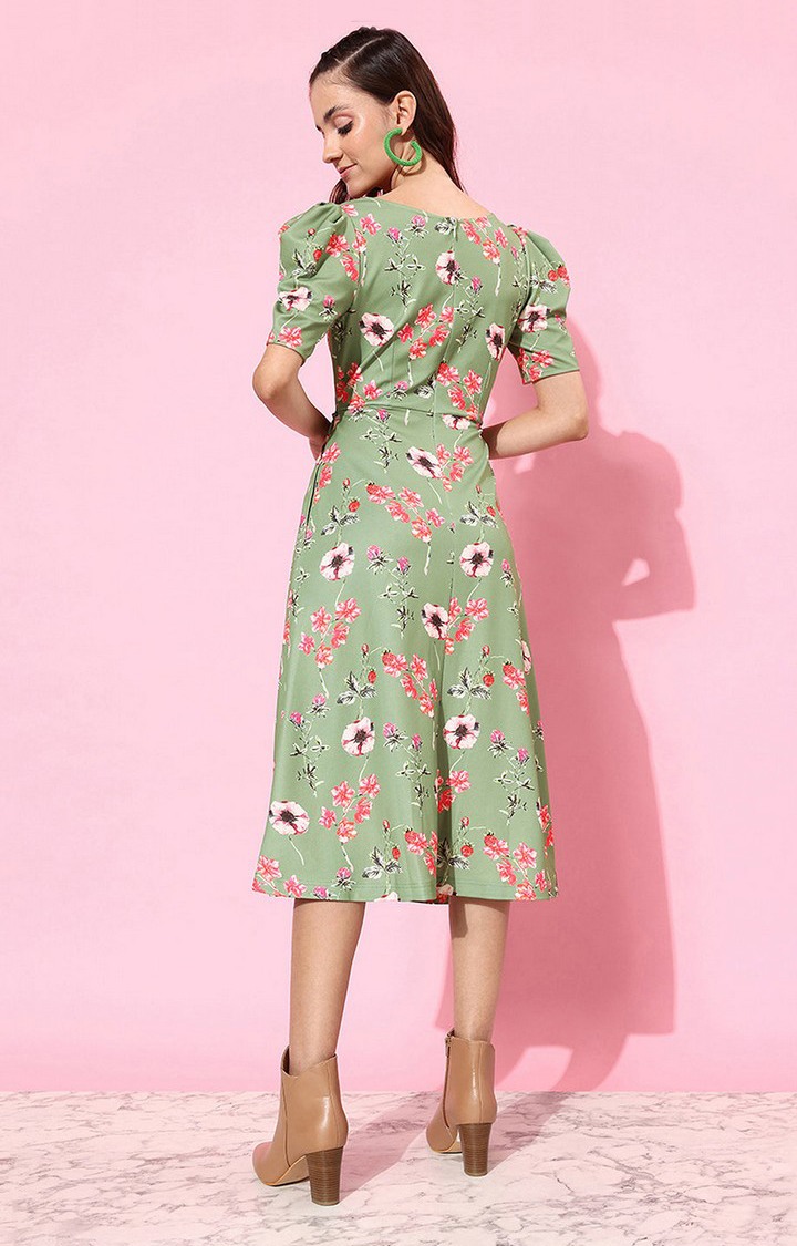 Women's Green Polyester Casualwear Fit & Flare Dress