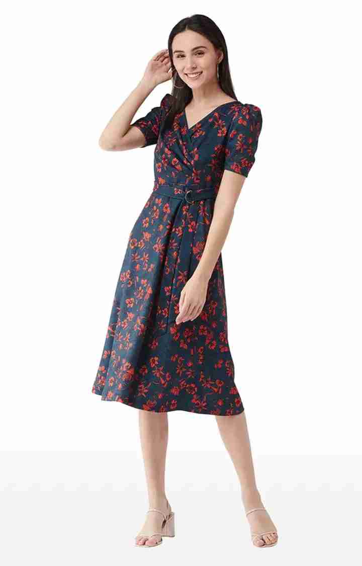 Women's Blue Polyester FloralCasualwear Fit & Flare Dress