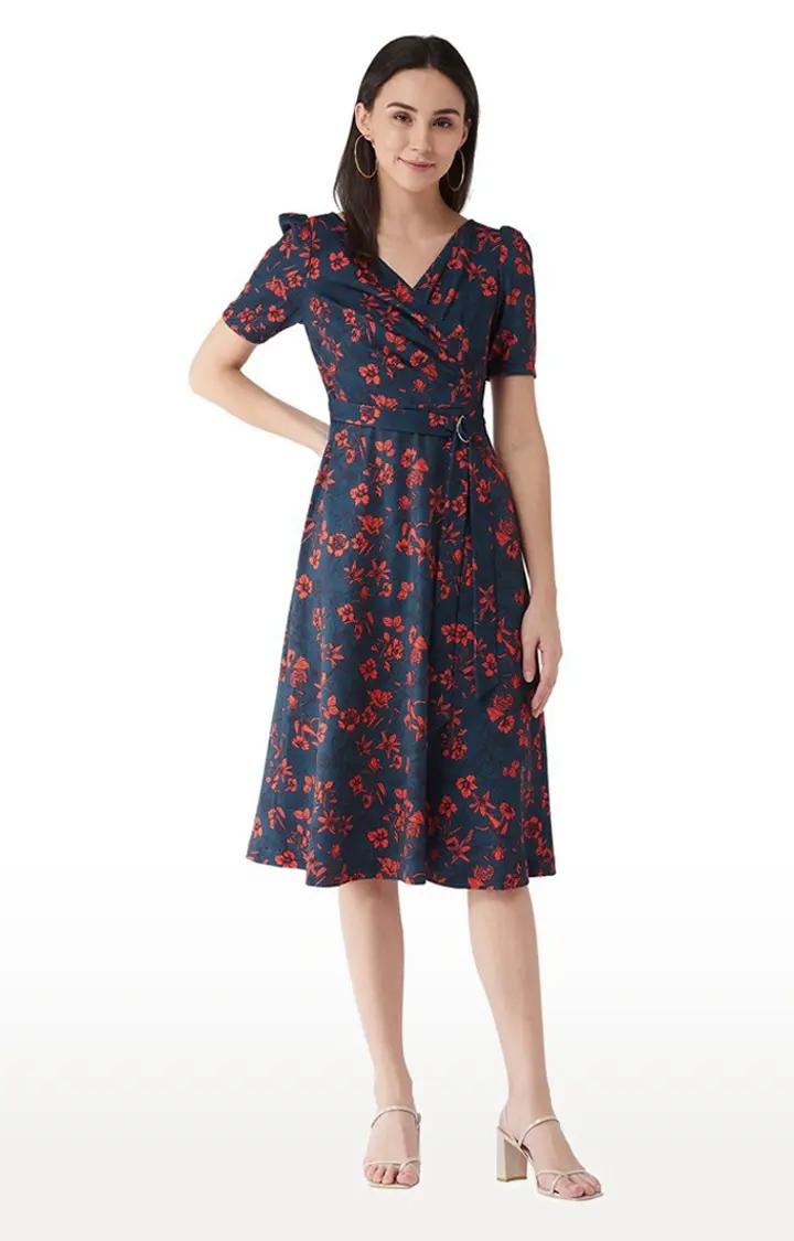 MISS CHASE | Women's Blue Polyester FloralCasualwear Fit & Flare Dress