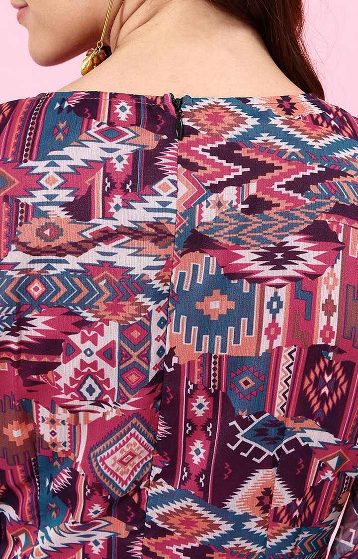 Multicolored V-Neck Three-Quarter Sleeve Geometric Patterned Wrap Midi Chiffon Dress
