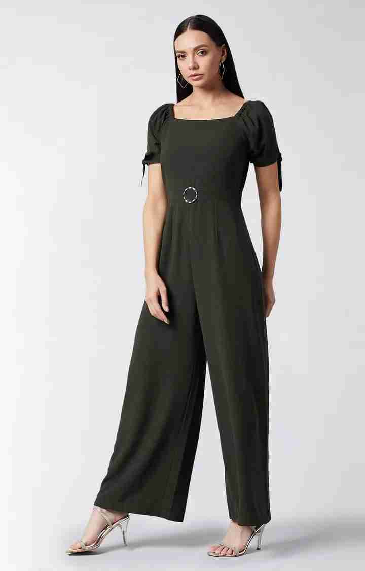 Women's Green Polyester SolidCasualwear Jumpsuits