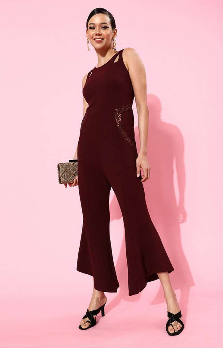 Women's Red Polyester  Jumpsuits