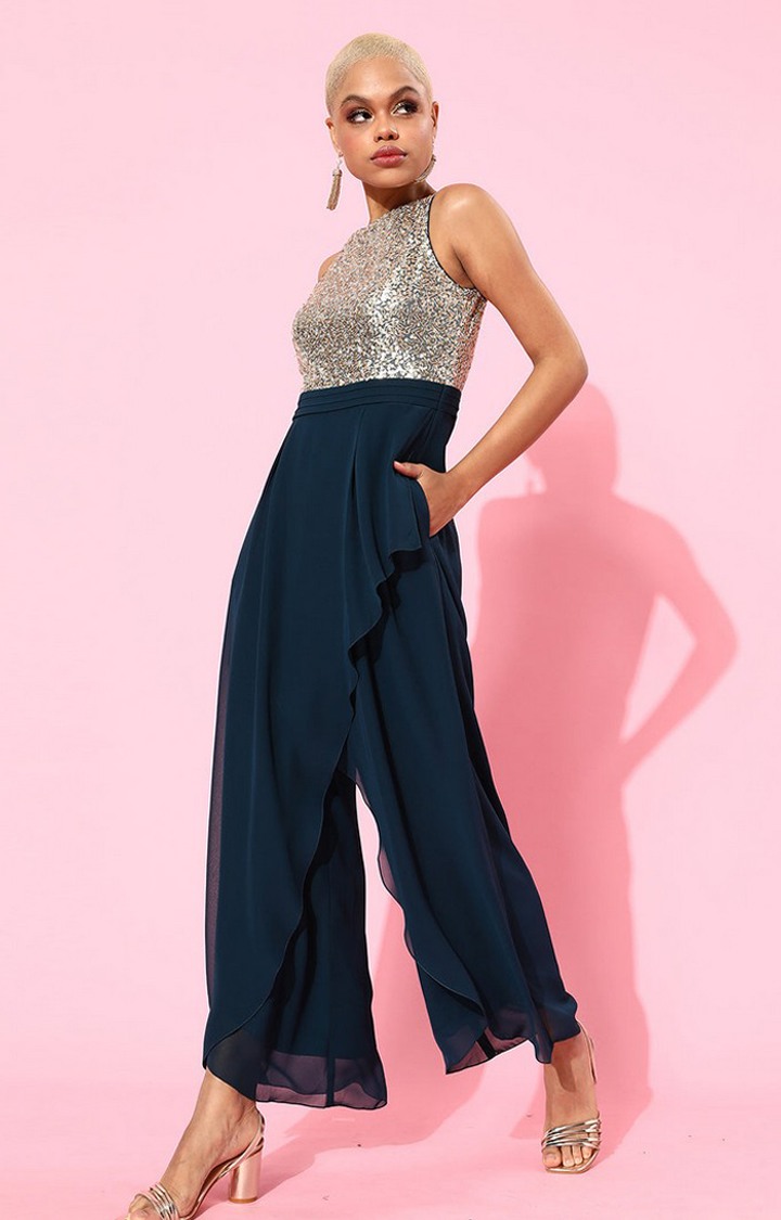 Women's Blue Polyester  Jumpsuits