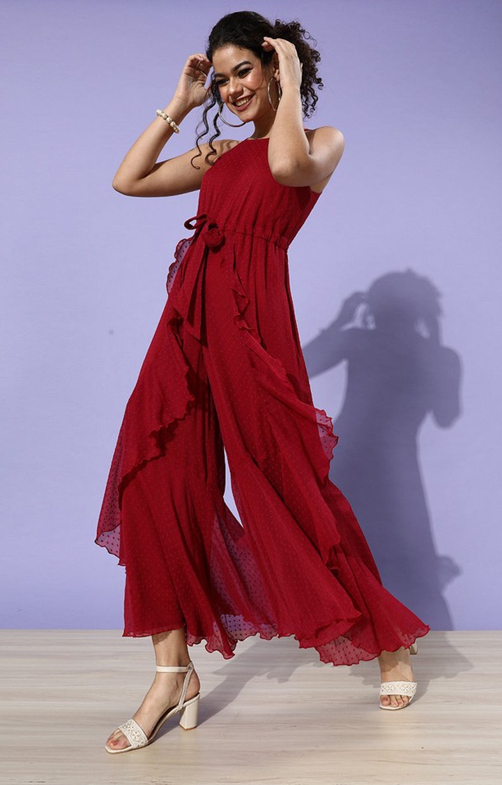 Women's Red Chiffon  Jumpsuits