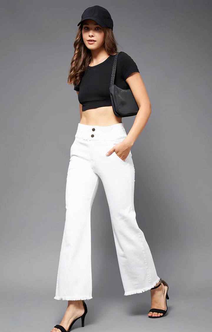 Women's White Solid Flared Jeans