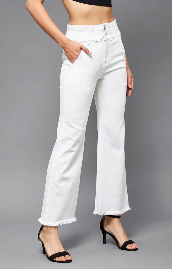 Women's White Solid Flared Jeans