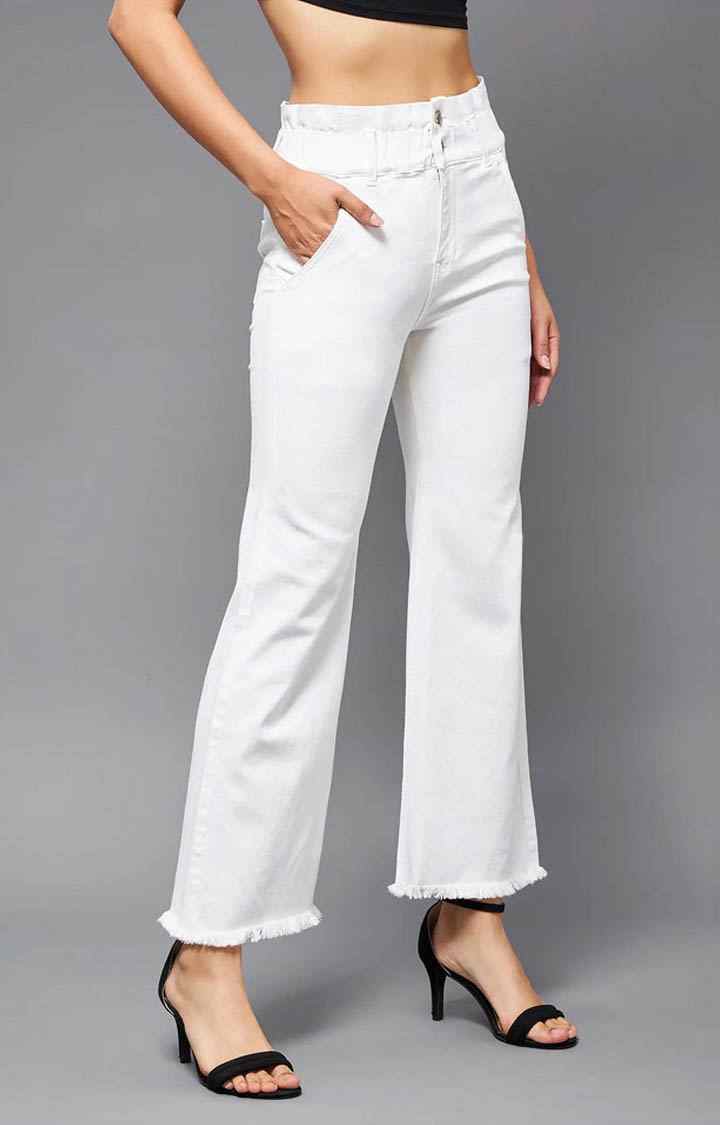 Women's White Solid Flared Jeans