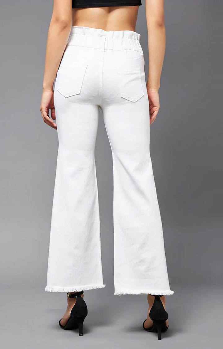 Women's White Solid Flared Jeans