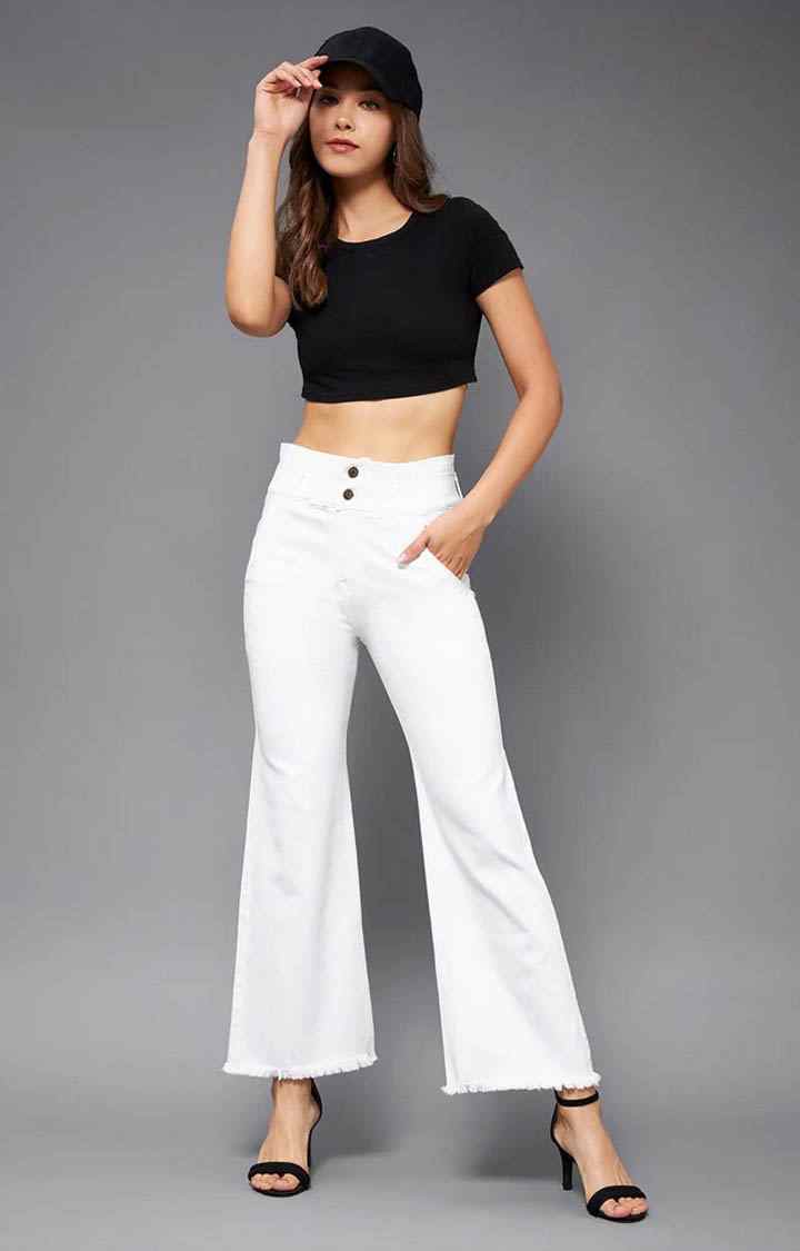 Women's White Solid Flared Jeans