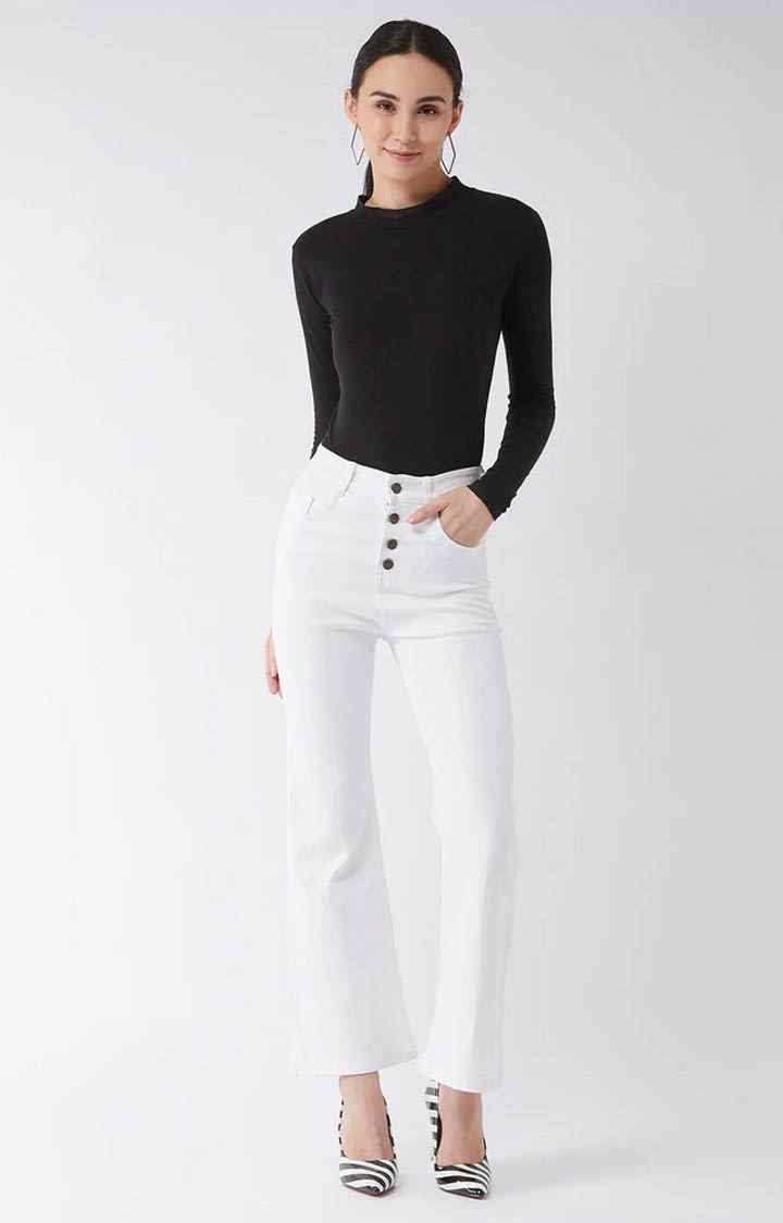 Women's White Solid Flared Jeans