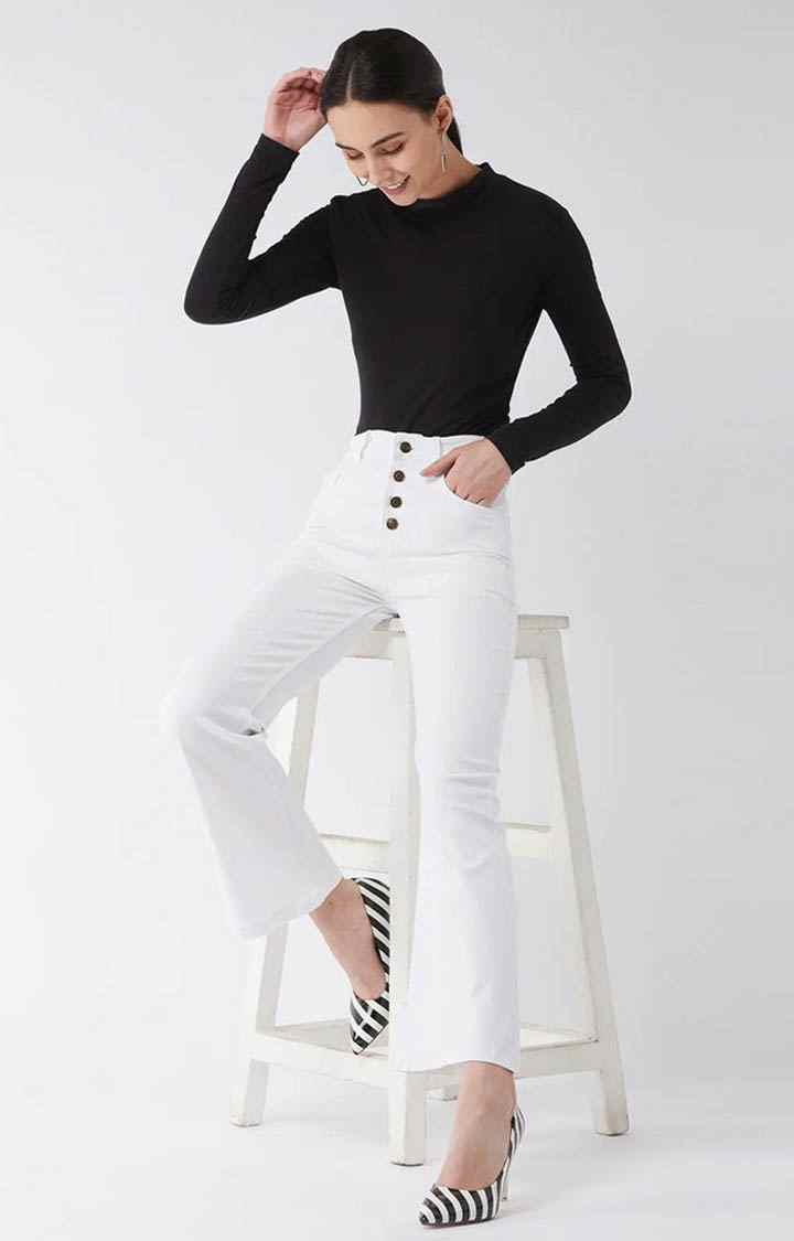 Women's White Solid Flared Jeans