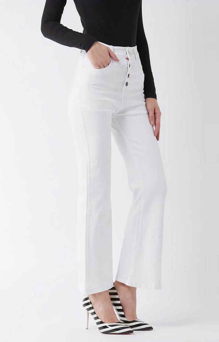 Women's White Solid Flared Jeans