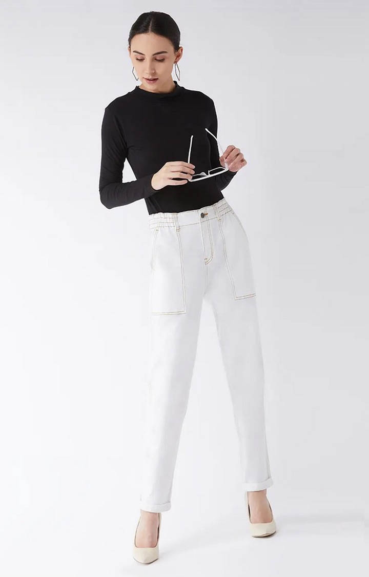Women's White Solid Straight Jeans