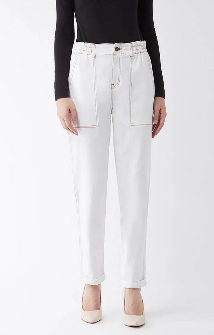 MISS CHASE | Women's White Solid Straight Jeans
