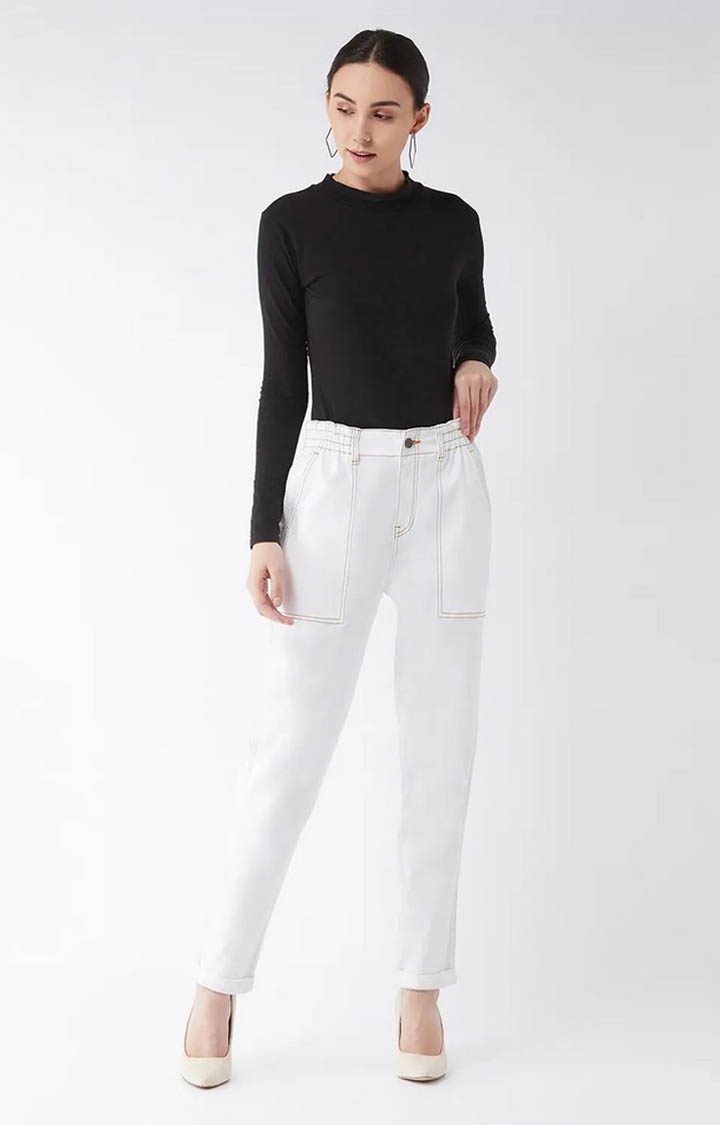 Women's White Solid Straight Jeans