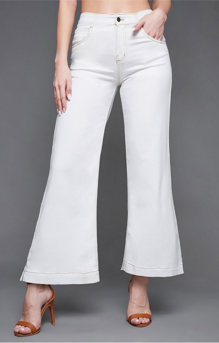 MISS CHASE | Women's White Solid Flared Jeans