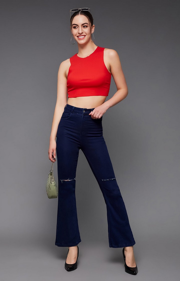 Women's Blue Solid Flared Jeans