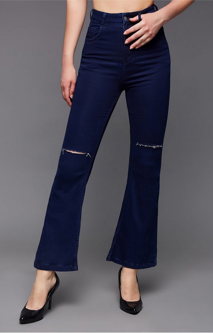 MISS CHASE | Women's Blue Solid Flared Jeans