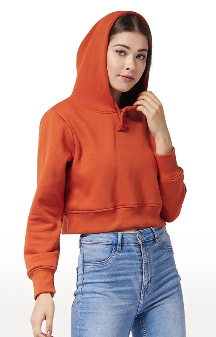 Women's Orange Polycotton SolidStreetwear Hoodies
