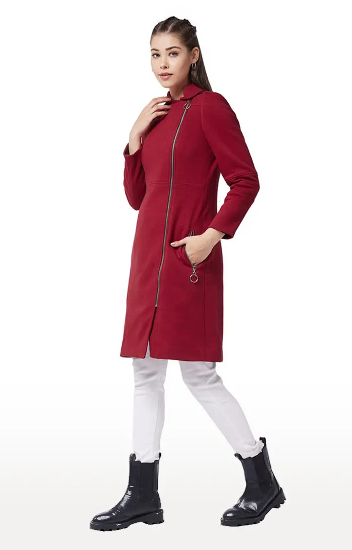 Women's Red Polycotton SolidCasualwear Coat