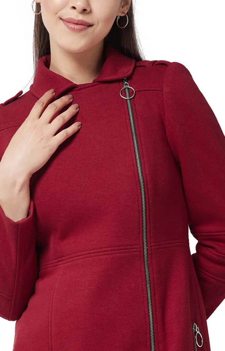 Women's Red Polycotton SolidCasualwear Coat