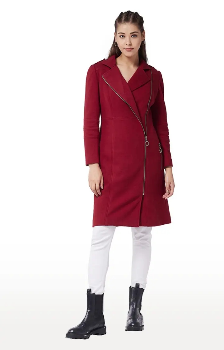 Women's Red Polycotton SolidCasualwear Coat