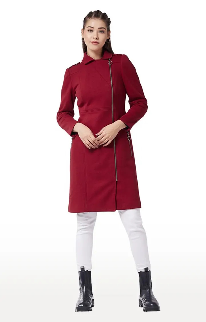 Women's Red Polycotton SolidCasualwear Coat