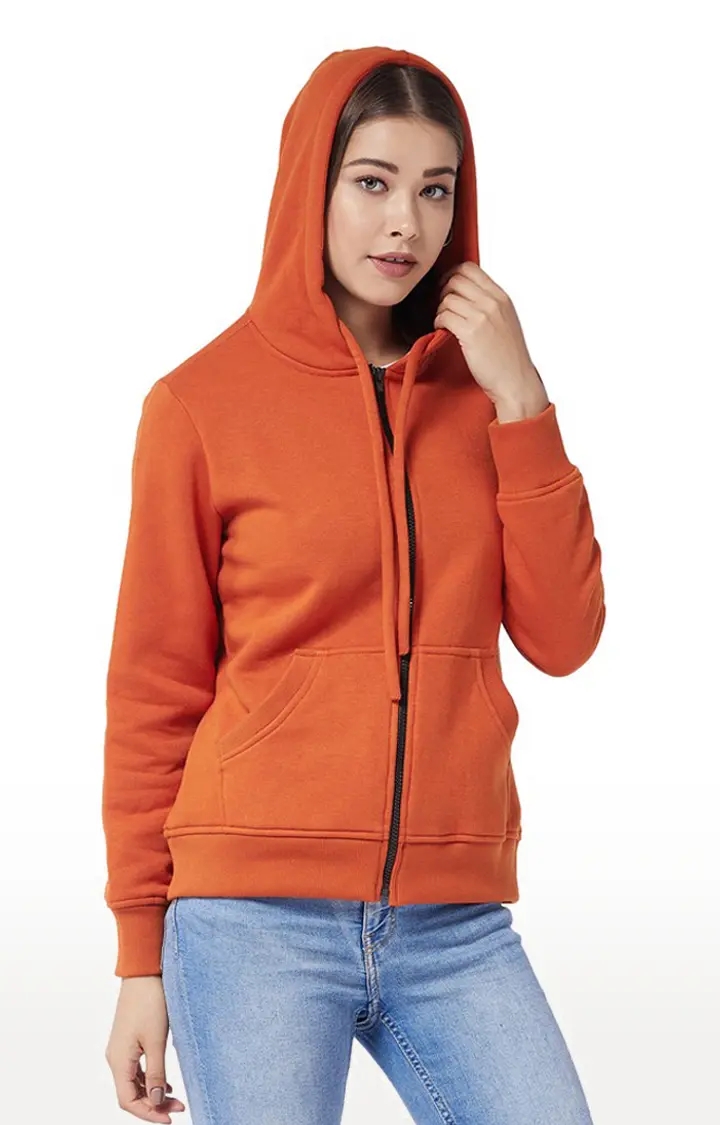 Women's Orange Polycotton SolidCasualwear Hoodies
