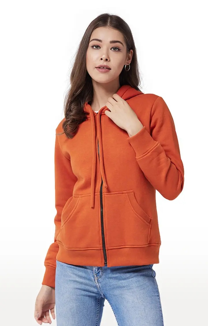 MISS CHASE | Women's Orange Polycotton SolidCasualwear Hoodies