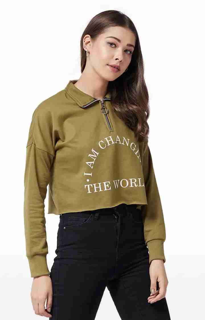 Women's Green Cotton SolidStreetwear Crop T-Shirts