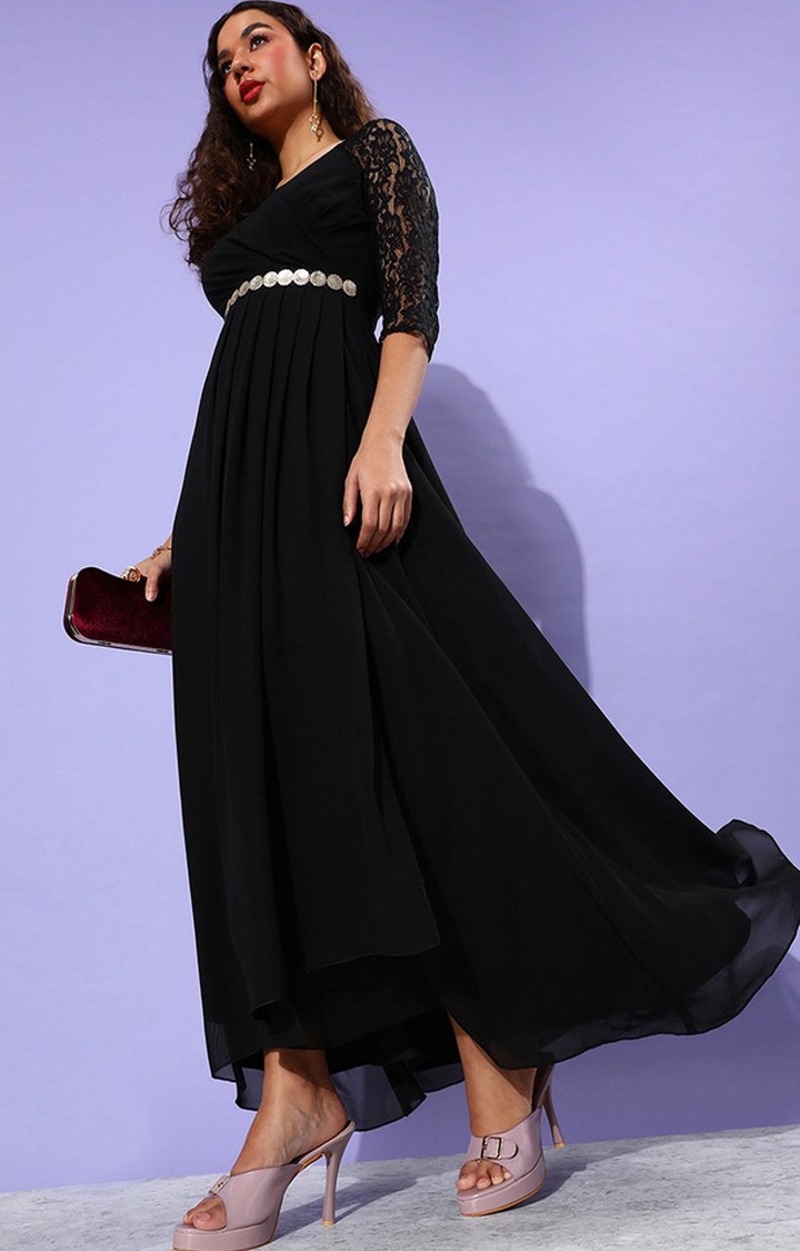 Women's Black Georgette SolidEveningwear Maxi Dress
