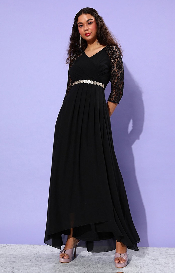 MISS CHASE | Women's Black Georgette SolidEveningwear Maxi Dress