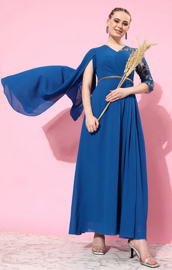 Women's Blue Georgette SolidEveningwear Maxi Dress