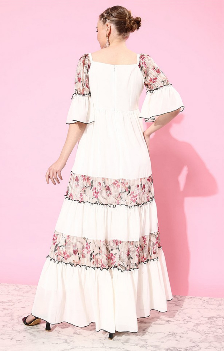 Women's White Georgette Casualwear Tiered Dress