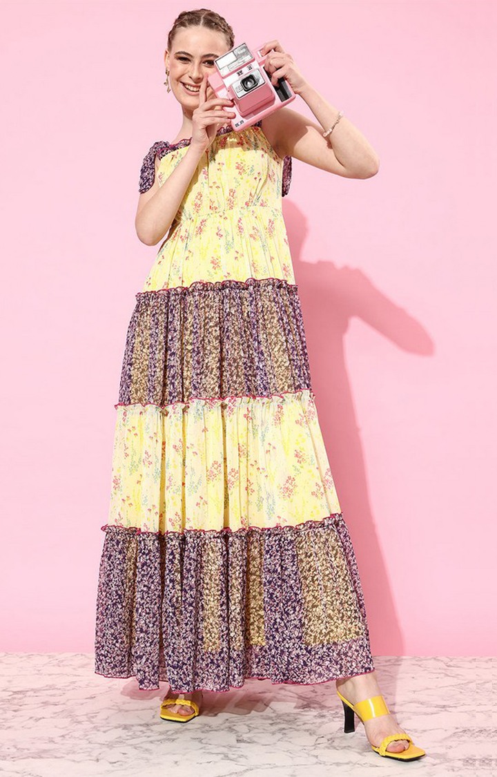 Multicolored Square Neck Shoulder Strap Tie-Up Floral Patterned Tiered Maxi Chiffon Dress