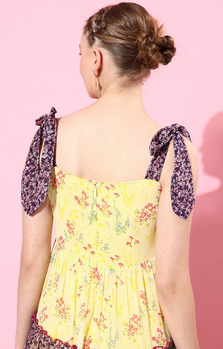 Multicolored Square Neck Shoulder Strap Tie-Up Floral Patterned Tiered Maxi Chiffon Dress