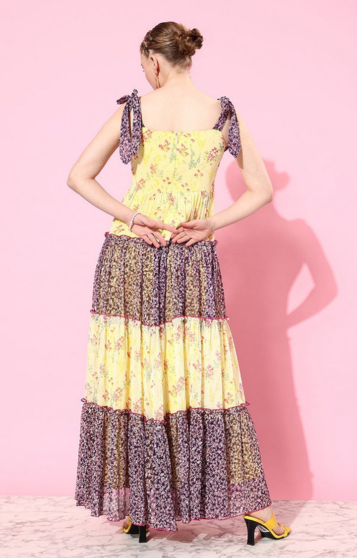 Multicolored Square Neck Shoulder Strap Tie-Up Floral Patterned Tiered Maxi Chiffon Dress