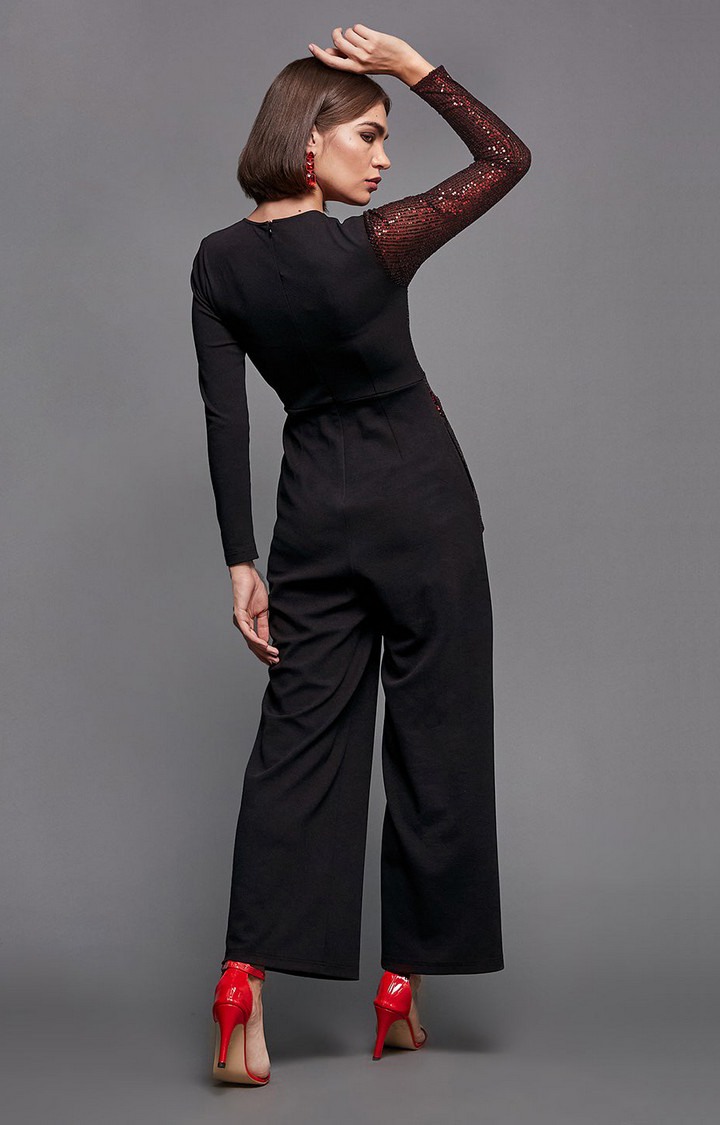 Women's Black Polyester  Jumpsuits