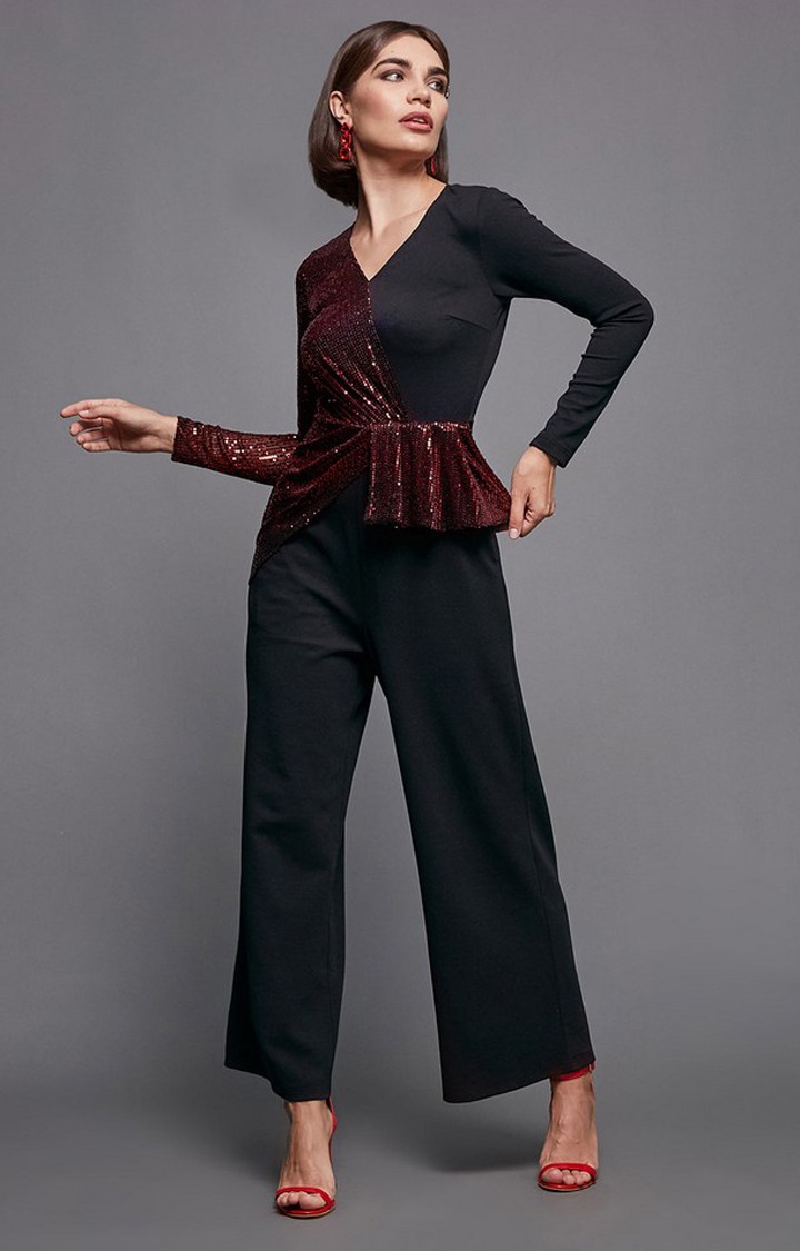 Women's Black Polyester  Jumpsuits