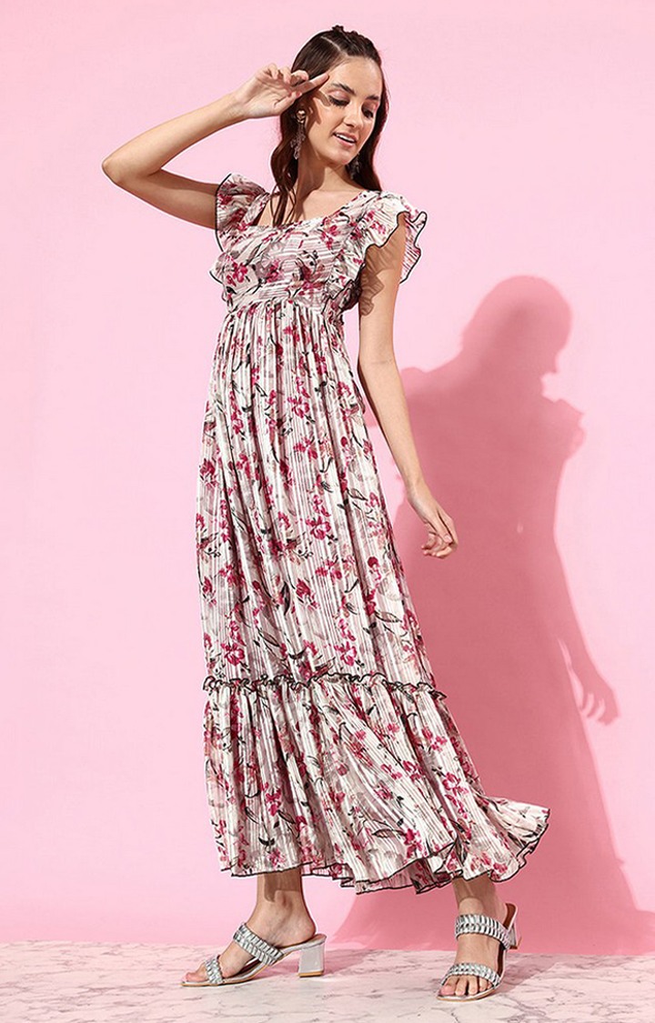 Women's Pink Georgette Casualwear Tiered Dress
