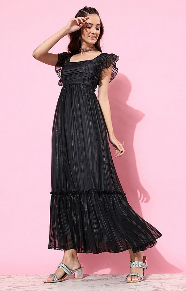 MISS CHASE | Women's Black Georgette EmbellishedCasualwear Maxi Dress
